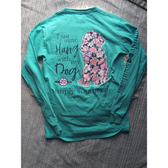 Simply Southern "Hang with my Dog" Sea Glass Green Long Sleeve Tee Small Floral - Picture 3 of 10